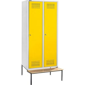 Schäfer Shop Genius Kleiderspind mit Sitzbank, 2 Abteile, 400 mm Abteilbreite, Zylinderschloss, lichtgrau/gelb