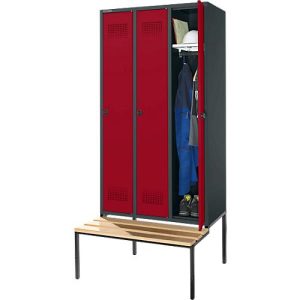 Schäfer Shop Genius Kleiderspind mit Sitzbank, 3 Abteile, 300 mm Abteilbreite, Sicherheitsdrehriegelverschluss, anthrazit/rubinrot