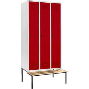 Schäfer Shop Genius Kleiderspind mit Sitzbank, 3 Abteile, 300 mm Abteilbreite, Sicherheitsdrehriegelverschluss, lichtgrau/rubinrot