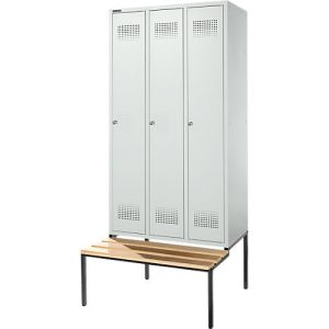 Schäfer Shop Genius Kleiderspind mit Sitzbank, 3 Abteile, 300 mm Abteilbreite, Zylinderschloss, lichtgrau/lichtgrau
