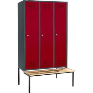 Schäfer Shop Genius Kleiderspind mit Sitzbank, 3 Abteile, 400 mm Abteilbreite, Zylinderschloss, anthrazit/rubinrot