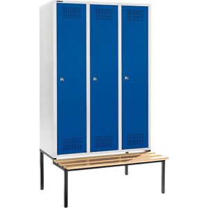 Schäfer Shop Genius Kleiderspind mit Sitzbank, 3 Abteile, 400 mm Abteilbreite, Zylinderschloss, lichtgrau/enzianblau
