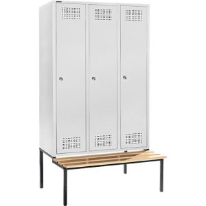 Schäfer Shop Genius Kleiderspind mit Sitzbank, 3 Abteile, 400 mm Abteilbreite, Zylinderschloss, lichtgrau/lichtgrau