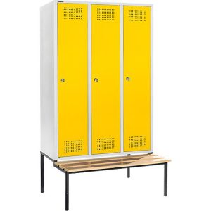 Schäfer Shop Genius Kleiderspind mit Sitzbank, 3 Abteile, 400 mm Abteilbreite, Zylinderschloss, lichtgrau/rapsgelb