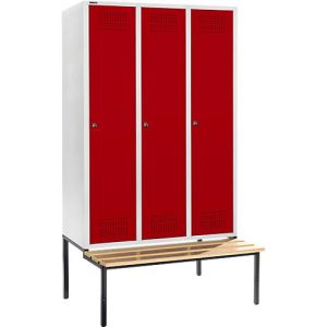 Schäfer Shop Genius Kleiderspind mit Sitzbank, 3 Abteile, 400 mm Abteilbreite, Zylinderschloss, lichtgrau/rubinrot