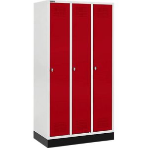 Schäfer Shop Genius Kleiderspind mit Sockel, 3 Abteile, Sicherheitsdrehriegelverschluss, lichtgrau/rot