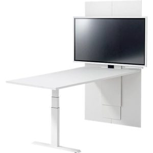 Schäfer Shop Genius Konferenztisch HV Basic, elektrisch höhenverstellbar, Tonne, T-Fuß, B 1800 x T 850/1000 x H 640-1300 mm, weiß/weiß