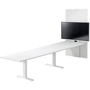 Schäfer Shop Genius Konferenztisch HV Basic, elektrisch höhenverstellbar, Tonne, T-Fuß, B 3600 x T 700/850/1000 x H 640-1300 mm, weiß/weiß