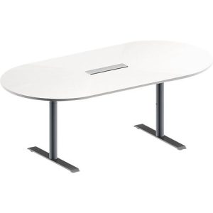 Schäfer Shop Genius Konferenztisch MODENA FLEX, 6-fach Anschluss, Oval, T-Fuß Rundrohr, B 2000 x T 1000 x H 650-850 mm, weiß/weißalu