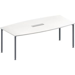 Schäfer Shop Genius Konferenztisch MODENA FLEX, 6-fach Tischanschlussfeld, Boot, 4-Fuß Rundrohr, B 2000 x H 720-840 mm, weiß/weißaluminium RAL 9006