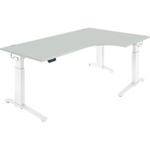 Schäfer Shop Genius Schreibtisch ERGOSTYLE S, 90°, elektrisch höhenverstellbar, Ansatz rechts, C-Fuß, einstufig, B 2000 x T 800 x H 715 – 1182 mm, inkl. Memory Master, lichtgrau/weiß