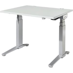 Schäfer Shop Genius Schreibtisch PLANOVA ERGOSTYLE, elektrisch höhenverstellbar, Rechteck, C-Fuß, B 1200 mm, lichtgrau/weißalu