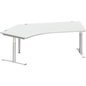 Schäfer Shop Genius Winkelschreibtisch MODENA FLEX 135°, T-Fuß-Rundrohr, B 2165 mm, Ansatz links, lichtgrau/weißalu