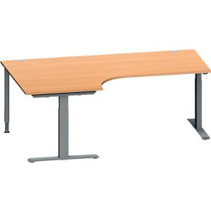 Schäfer Shop Genius Winkelschreibtisch MODENA FLEX, 90° Winkel links, T-Fuß Rechteckrohr, B 2000 x T 1200/800 x H 650-850 mm, Buche/anthrazit