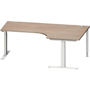 Schäfer Shop Genius Winkelschreibtisch MODENA FLEX, 90° Winkel rechts, T-Fuß Rechteckrohr, B 2000 x T 1200/800 x H 650-850 mm, Eiche/weißalu