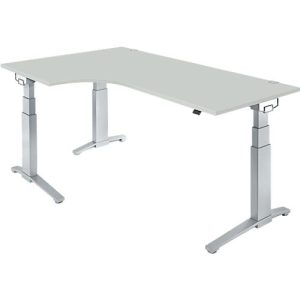 Schäfer Shop Genius Winkelschreibtisch PLANOVA ERGOSTYLE, elektrisch höhenverstellbar, 90° Winkel links, C-Fuß, B 2000 mm, lichtgrau/weißalu