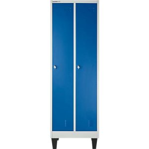 Schäfer Shop Pure Kleiderspind, 2 Abteile mit Hutboden/Kleiderstange/Kleiderhaken, Füße, Drehriegelverschluss, B 600 x T 500 x H 1850 mm, Stahlblech, lichtgrau/enz.blau