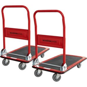 Schäfer Shop Pure Plattformwagen, klappbarer Schiebebügel, Antirutsch-Belag, Lenk- & Bockrollen, bis 150 kg, L 725 x B 475 x H 835 mm, 2 Stück