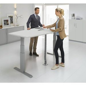 Schäfer Shop Select Besprechungstisch ERGO-T, mit Anschluss, elektrisch höhenverstellbar, Boot, T-Fuß, B 2000 x H 640-1300 mm, lichtgrau/weißalu
