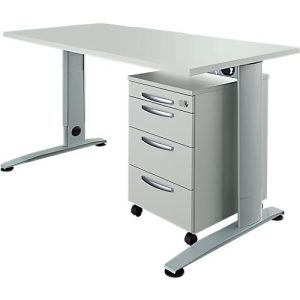 Schäfer Shop Select Büromöbelset 2-tlg. LOGIN C-Fuß Schreibtisch, B 1600 mm + Rollcontainer, 3 Schübe, Utensilienauszug, Zentralverschluss, lichtgrau