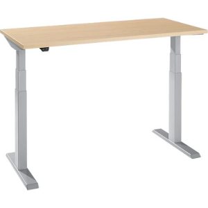 Schäfer Shop Select Home Office Schreibtisch, elektrisch höhenverstellbar, Rechteck, T-Fuß, B 1300 x T 650 x H 640-1300 mm, Ahorn/weißaluminium