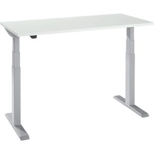 Schäfer Shop Select Home Office Schreibtisch, elektrisch höhenverstellbar, Rechteck, T-Fuß, B 1300 x T 650 x H 640-1300 mm, lichtgrau/weißaluminium