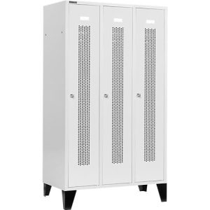 Schäfer Shop Select Kleiderspind, mit gelochten Streifen, 3 Abteile, 400mm, mit Füßen, Zylinderschloss, Tür lichtgrau
