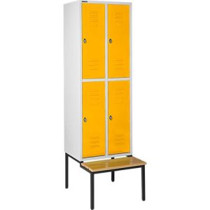 Schäfer Shop Select Kleiderspind, mit Sitzbank, 2×2 Abteile, 300mm, Drehriegelverschluss, lichtgrau/gelb