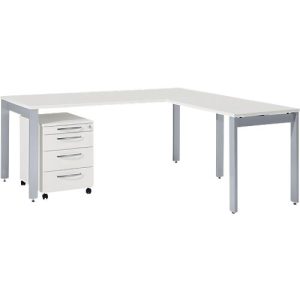 Schäfer Shop Select Komplettset LOGIN, 4-Fuß Schreibtisch 1800 mm, 4-Fuß Anbautisch, Rollcontainer, lichtgrau