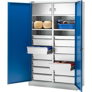 Schäfer Shop Select Materialschrank MS 2509, mit 14 Schubladen, mit Tresorfach, B 950 x T 500 x H 1935 mm, Feinblech, weißaluminium/enzianblau