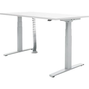 Schäfer Shop Select Schreibtisch, elektrisch höhenverstellbar, T-Fuß, B 1600 x T 800 x H 645-1290 mm, lichtgrau/weißaluminium + Kabelspirale