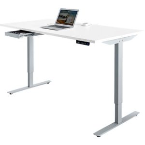 Schäfer Shop Select Schreibtisch Start Off, elektrisch höhenverstellbar, Rechteck, T-Fuß, B 1600 x T 800 x H 755-1255 mm, lichtgrau/weißaluminium + Zubehörschublade