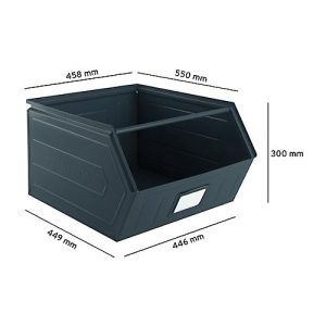 Schäfer Shop Select Sichtlagerkasten, mit Tragestab, L 550 x B 458 x H 300 mm, 60 l, 130 kg, Stahl, RAL 5008 (graublau)