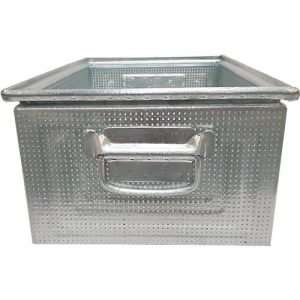 Schäfer Shop Select Stapelbox, gelocht, mit Fallgriffen, 26,5 l, 150 kg, L 449 x B 308 x H 201 mm, Stahlblech, galvanisch verzinkt