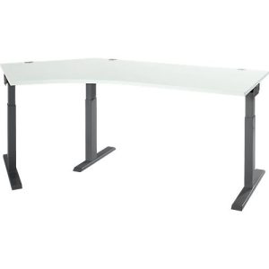 Schäfer Shop Select Winkelschreibtisch ERGO-T 2.0, 135° Winkel, Ansatz links, T-Fuß, B 2165 x T 800 x H 675-895 mm, lichtgrau/anthrazit