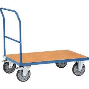 Schiebebügelwagen, Stahl/Holz, blau-buche, bis 600 kg, B 1200 x T 800 mm, TPE-Bereifung