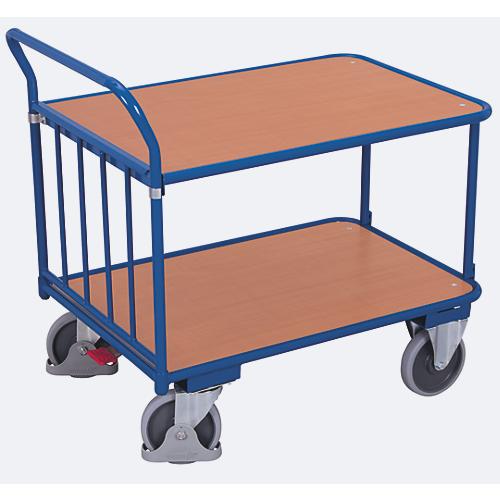 Schiebebügelwagen, Stahl/MDF-Platte, Enzianblau/Buche-Dekor, 2 Etagen, L 1180 x B 695 mm, senkrechte Streben, TPE-Rollen mit EasySTOP, bis 400 kg