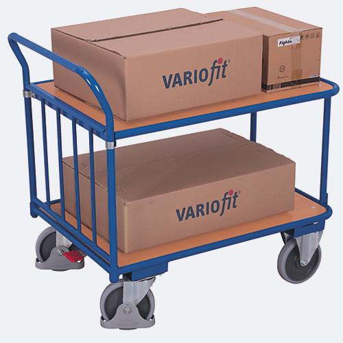 Schiebebügelwagen, Stahl/MDF-Platte, Enzianblau/Buche-Dekor, 2 Etagen, L 830 x B 495 mm, senkrechte Streben, TPE-Rollen mit EasySTOP, bis 400 kg