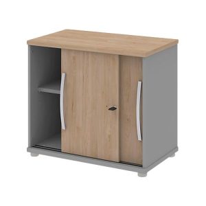 Schiebetüren-Schrank BARI,1 Boden, Schloss, B 800 x T 430 x H 720 mm, Eiche-Dekor/mittelgrau