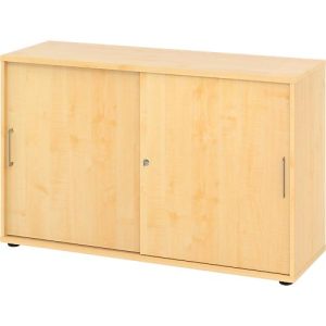 Schiebetürschrank Breno, abschließbar, Spanplatte, melaminharzbeschichtet, B 1200 x T 400 x H 748 mm, 2 Ordnerhöhen, Ahorn/Ahorn