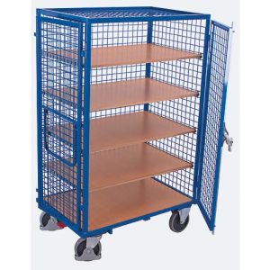 Schrankwagen, Stahl/MDF-Platte, Enzianblau/Buche-Dekor, 5 Etagen, 1045 x 685 mm, Dach und Doppelflügeltür, abschließbar, EasySTOP, bis 500 kg