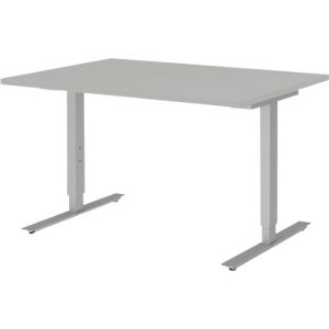 Schreibtisch BARI, T-Fuß, Rechteck, B 1200 x T 800 x H 680-820 mm, hellgrau/Alu