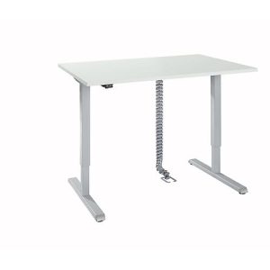 Schreibtisch, elektrisch höhenverstellbar, inkl. Kabelkette & Kabelkanal, Rechteck, T-Fuß, B 1200 x T 800 x H 715-1205 mm, lichtgrau/weißaluminium