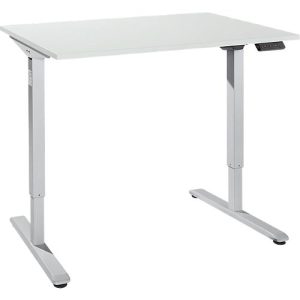 Schreibtisch, elektrisch höhenverstellbar, Rechteck, T-Fuß, B 1200 x T 800 x H 755-1255 mm, lichtgrau/weißalu + Memory-Bedienpanel, Kabelkanal