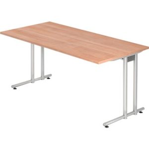 Schreibtisch JENA, C-Fuß, Rechteck, B 1600 x T 800 x H 720 mm, Gestell alusilber, Nussbaum-Dekor