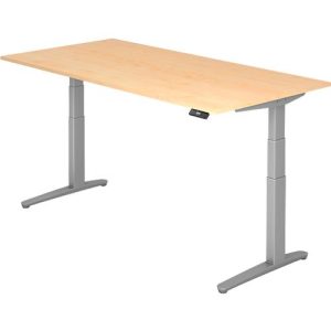 Schreibtisch TOPAS LINE, elektrisch höhenverstellbar, C-Fuß, B 2000 x T 1000 x H 650-1300 mm, Ahorn/weißaluminium + Memoryschalter, Kabelkanal