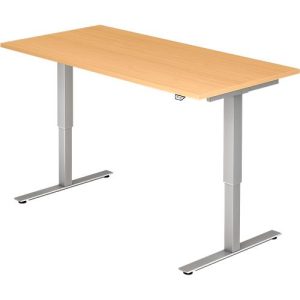 Schreibtisch ULM, elektrisch höhenverstellbar, Rechteck, T-Fuß, B 1600 x T 800 x H 720-1190 mm, Buche/alusilber + Kabelwanne