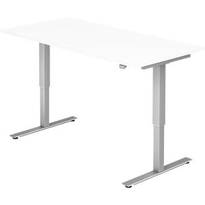 Schreibtisch ULM, elektrisch höhenverstellbar, Rechteck, T-Fuß, B 1600 x T 800 x H 720-1190 mm, weiß/alusilber + Kabelwanne