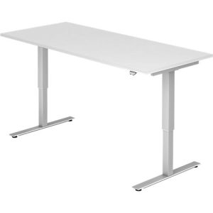 Schreibtisch ULM, elektrisch höhenverstellbar, Rechteck, T-Fuß, B 1800 x T 800 x H 720-1190 mm, weiß/alusilber + Kabelwanne