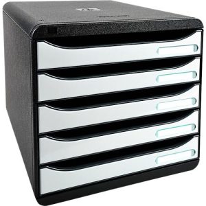 Schubladenbox BIG-BOX PLUS, A4+, 5 halboffene Schübe mit Auszugsstopp, Griffmulde & Etikettenhalter, Etiketten, Blauer Engel, Kunststoff, schwarz-weiß